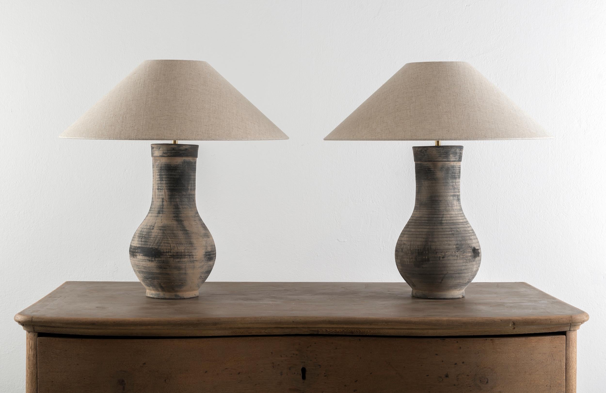 Pottery Near Pair of Chinese Han Lamps with Handmade Belgian Linen Shades