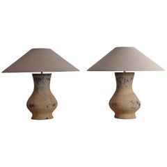 Near Pair of Chinese Han Lamps with Handmade Belgian Linen Shades