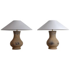 Near Pair of Chinese Han Lamps with Handmade Belgian Linen Shades