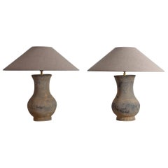 Near Pair of Chinese Han Lamps with Handmade Belgian Linen Shades