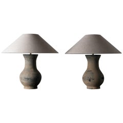 Near Pair of Chinese Han Lamps with Handmade Belgian Linen Shades