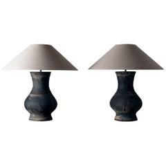 Near Pair of Chinese Han Lamps with Handmade Belgian Linen Shades