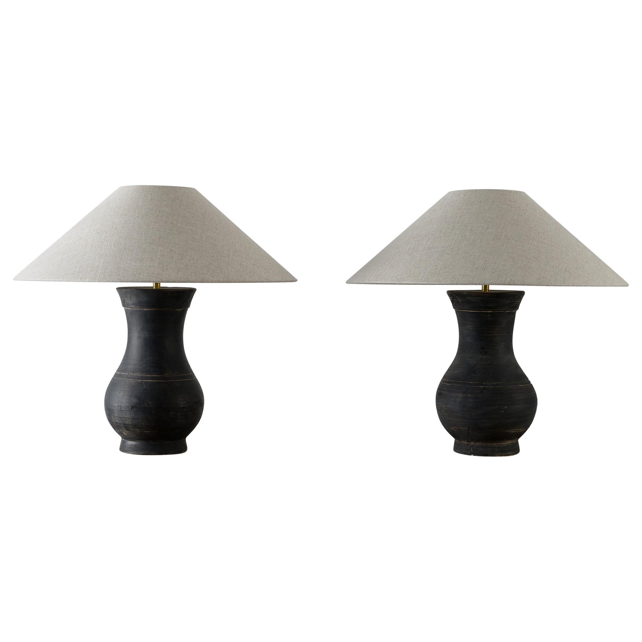 Near Pair of Chinese Han Lamps with Handmade Belgian Linen Shades