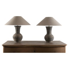 Near Pair of Chinese Han Lamps with Handmade Belgian Linen Shades