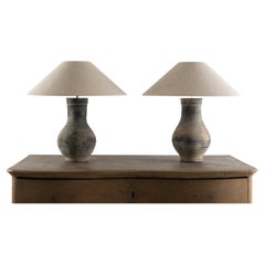 Near Pair of Chinese Han Lamps with Handmade Belgian Linen Shades