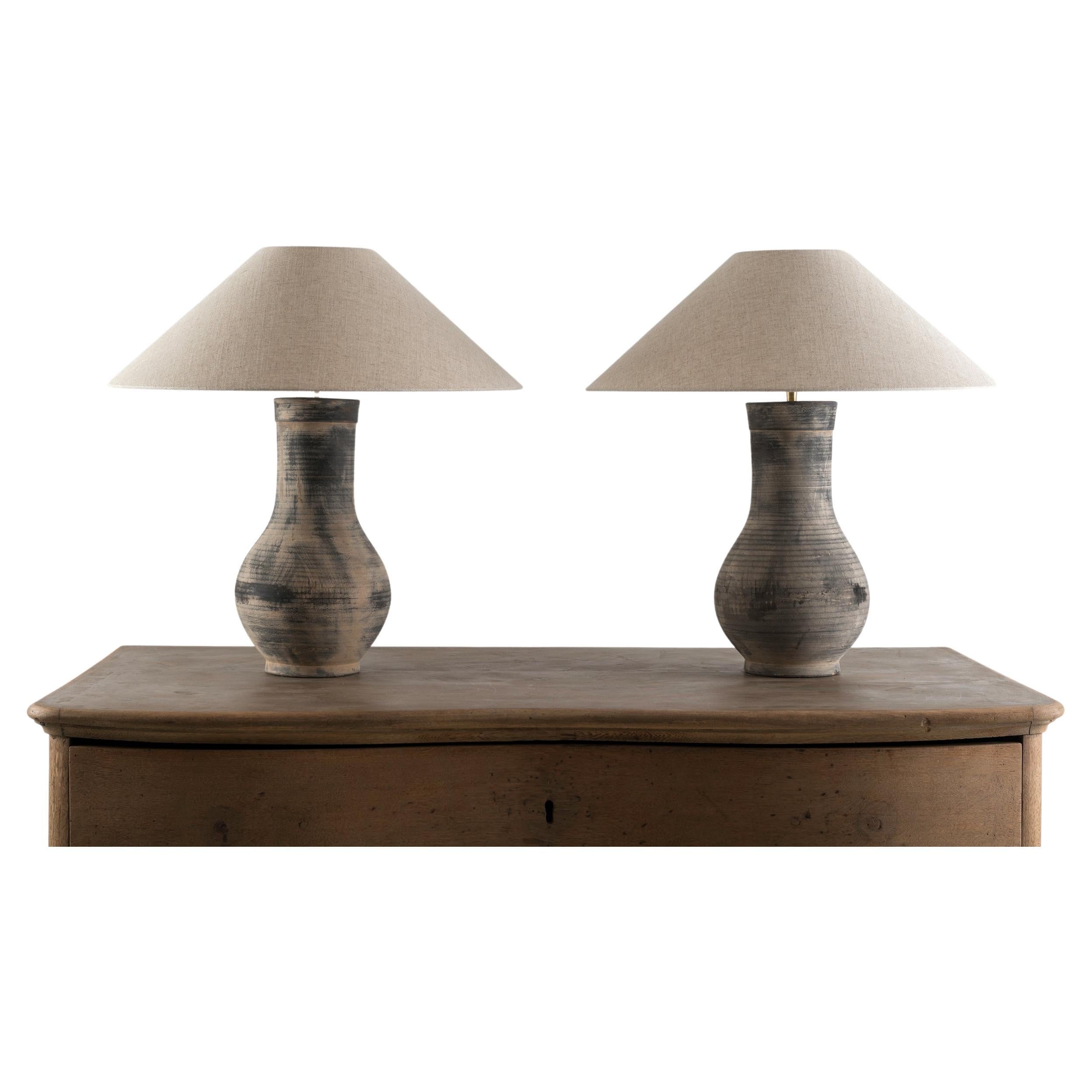 Near Pair of Chinese Han Lamps with Handmade Belgian Linen Shades