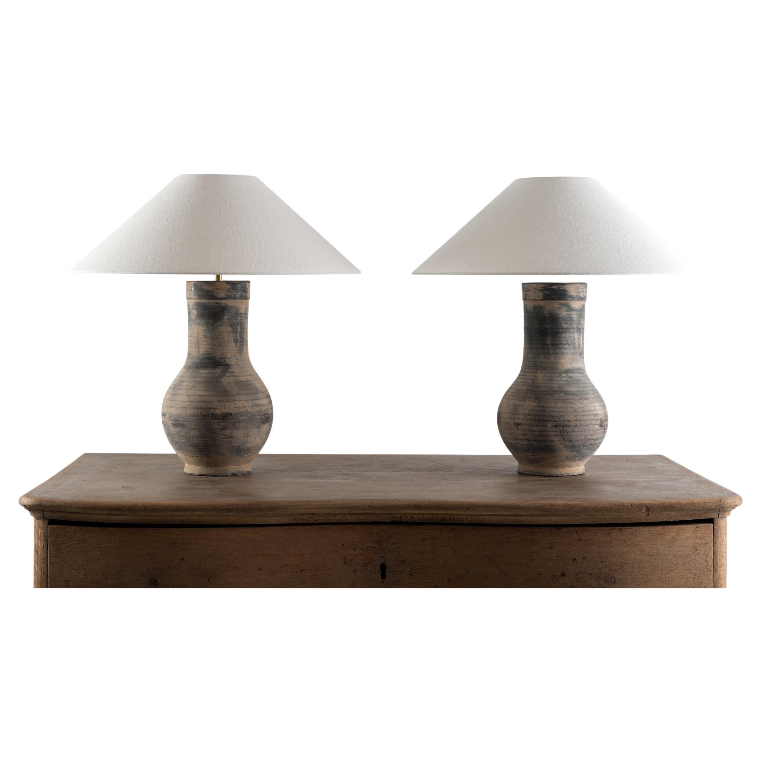 Near Pair of Chinese Han Lamps with Handmade Belgian Linen Shades