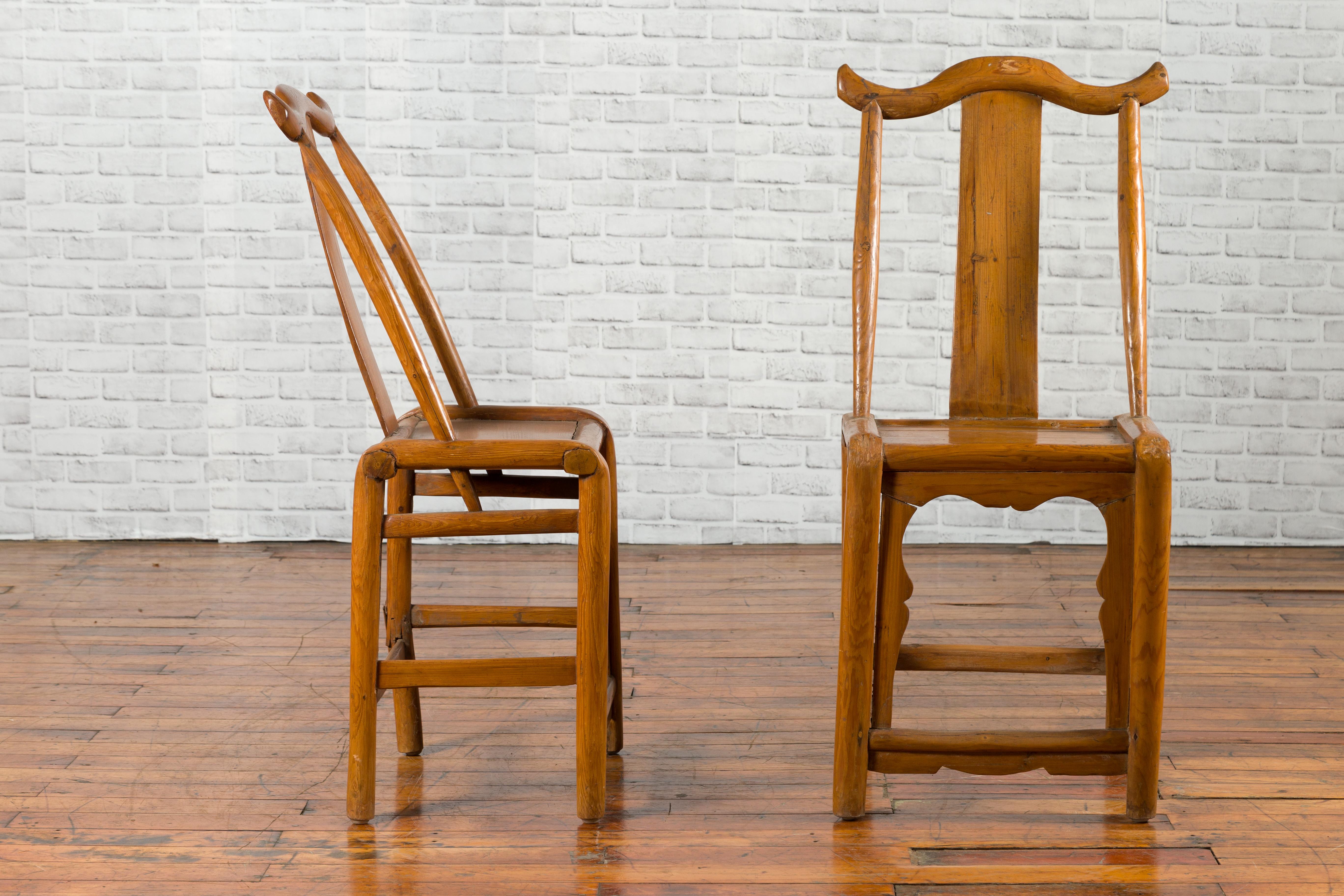 Near Pair of Chinese Qing Dynasty 19th Century Yoke High Back Decorative Chairs For Sale 3