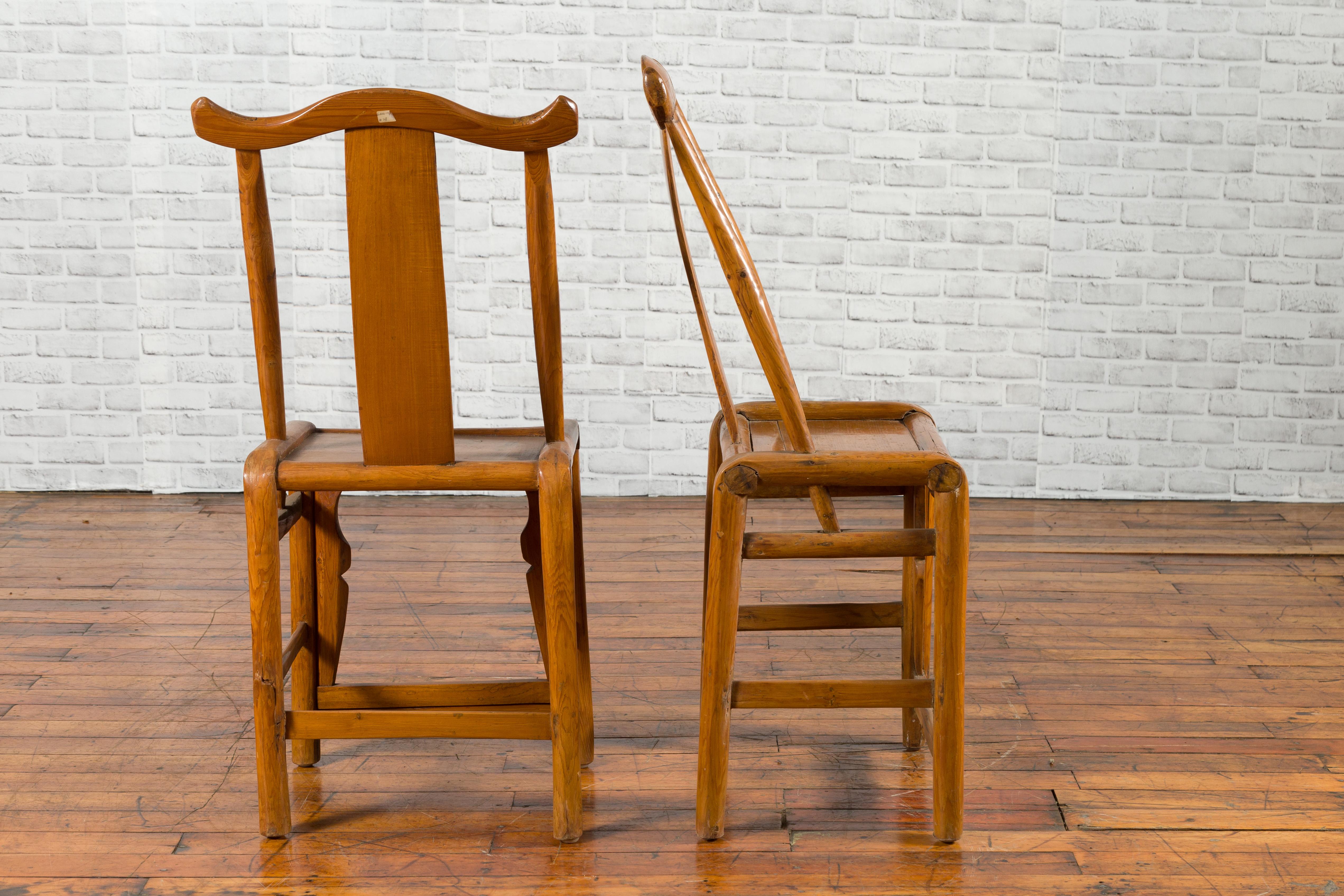Near Pair of Chinese Qing Dynasty 19th Century Yoke High Back Decorative Chairs For Sale 4