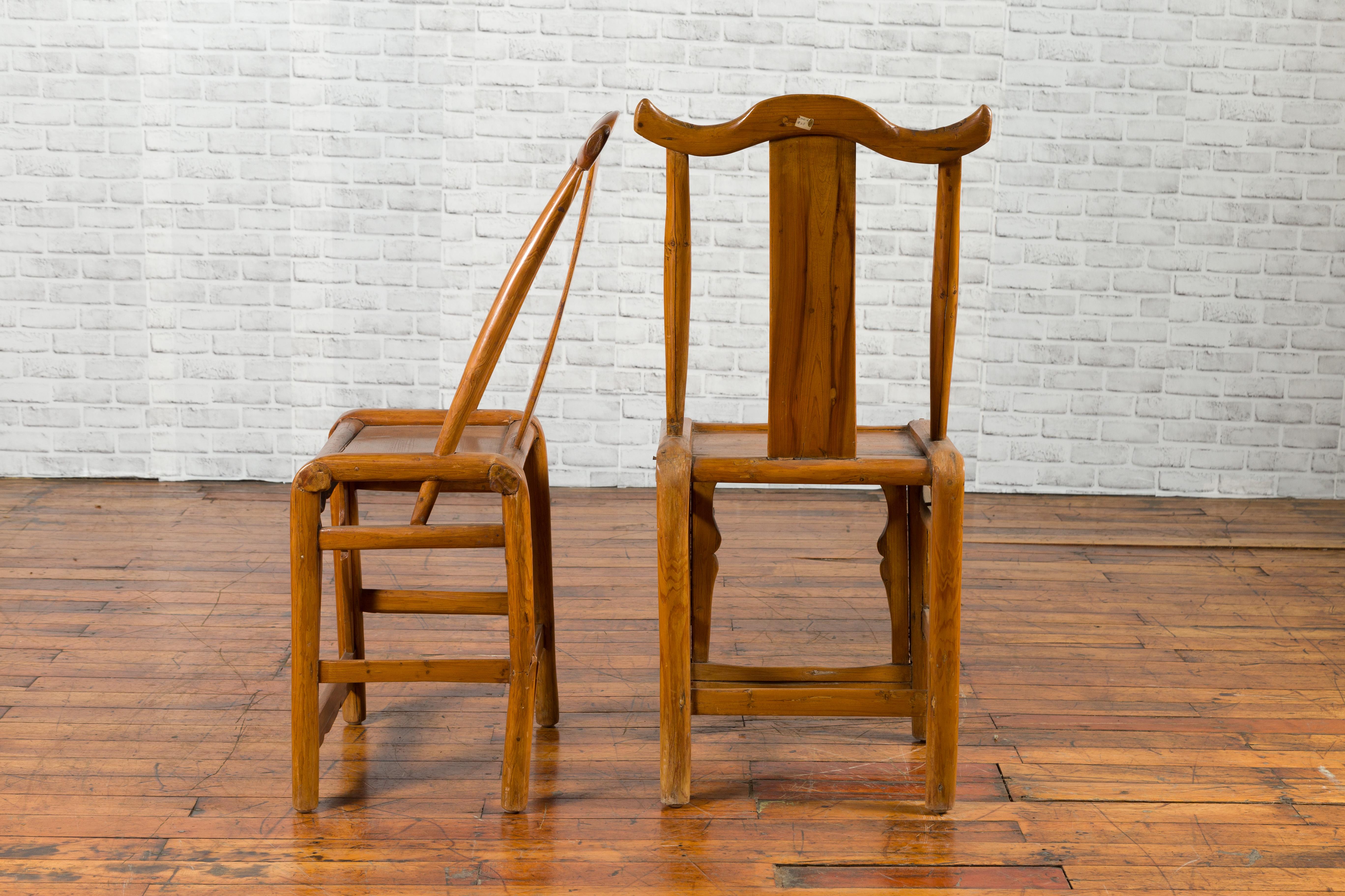 Near Pair of Chinese Qing Dynasty 19th Century Yoke High Back Decorative Chairs For Sale 5