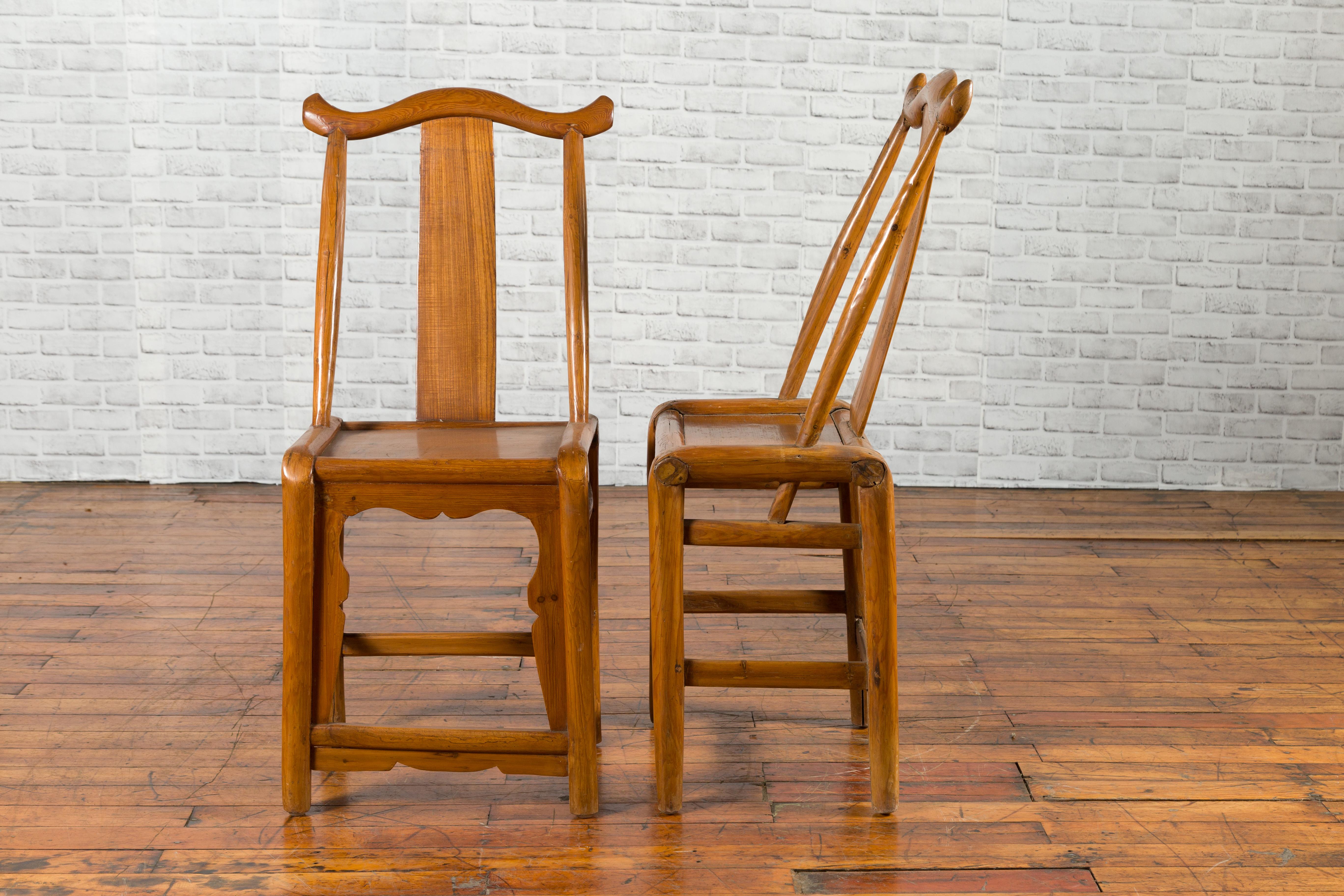 Near Pair of Chinese Qing Dynasty 19th Century Yoke High Back Decorative Chairs For Sale 6
