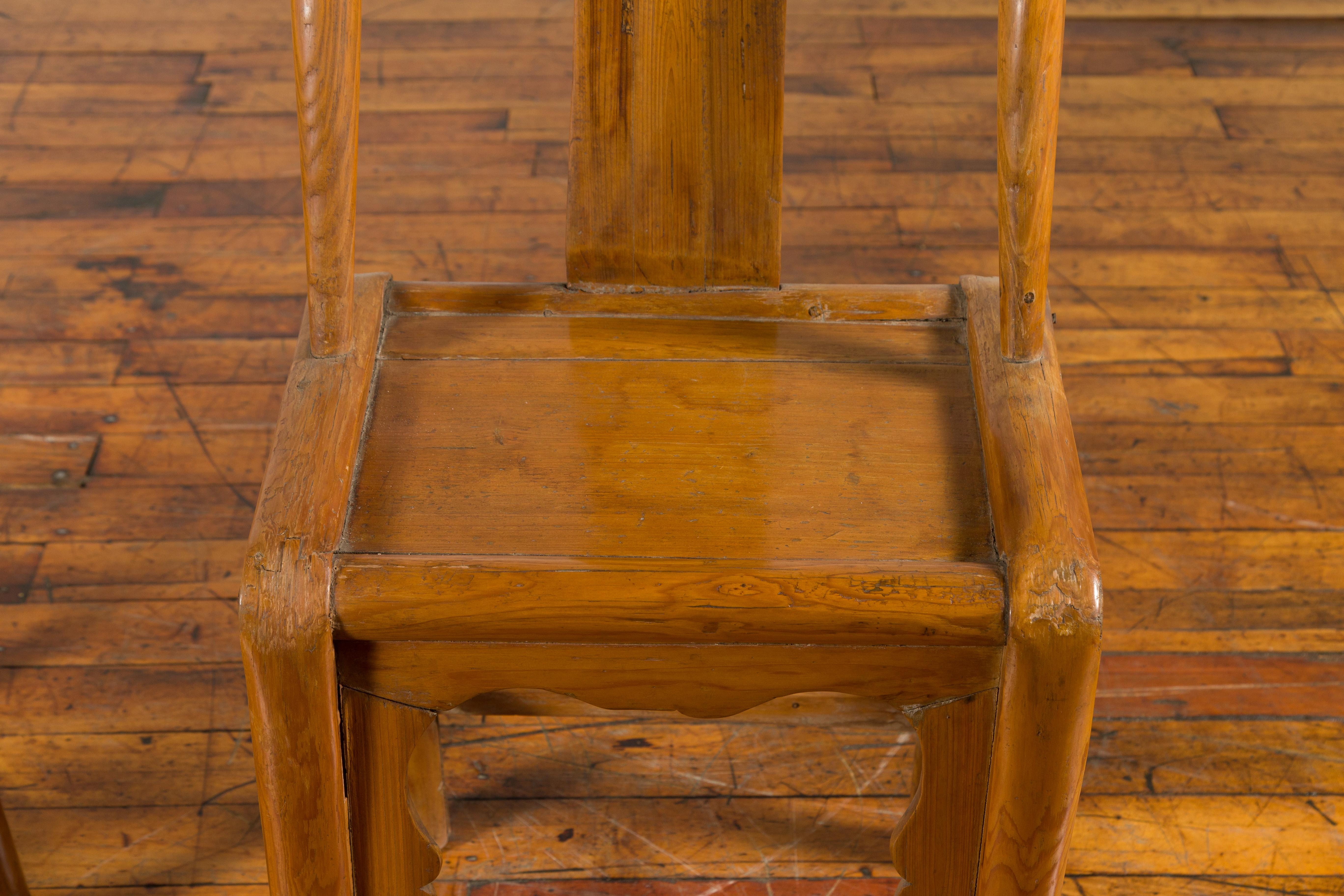 Near Pair of Qing Dynasty 19th Century Yoke High Back Decorative Chairs In Good Condition For Sale In Yonkers, NY