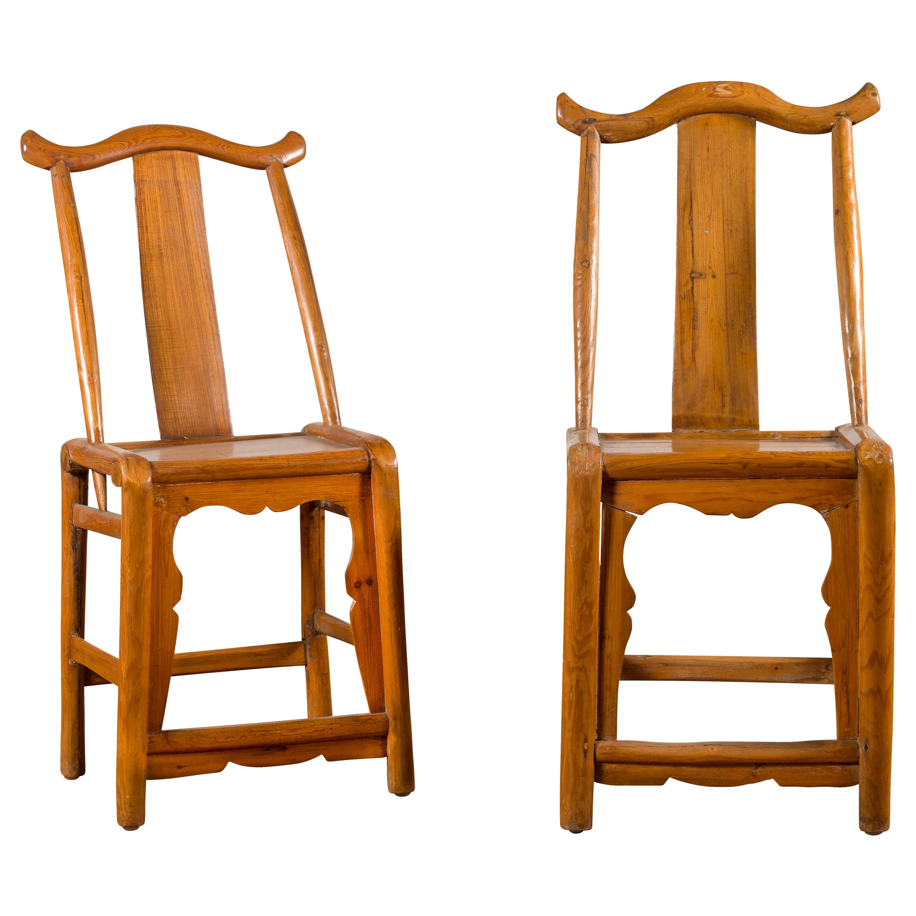 Near Pair of Chinese Qing Dynasty 19th Century Yoke High Back Decorative Chairs