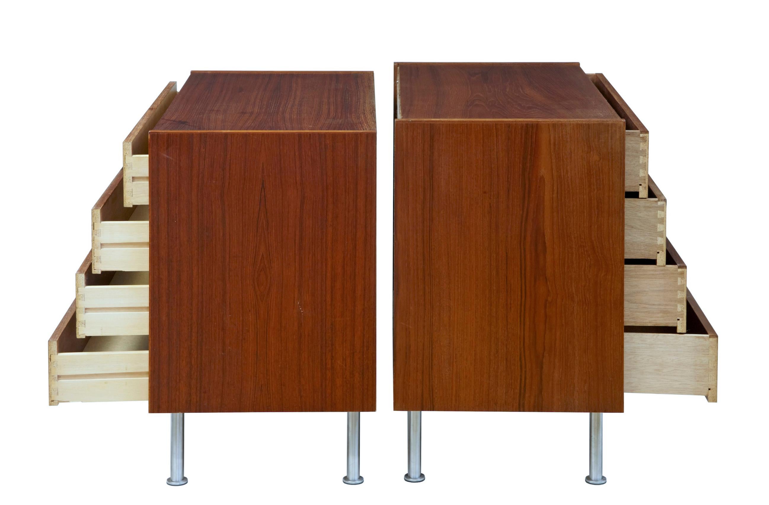 Near pair of Danish 1970s teak chest of drawers.

Near pair with slightly differing heights and depths. Each with 4 drawers and recessed solid wood handles. Standing on 4 tubular steel legs. Some marking and staining to most surfaces, making these