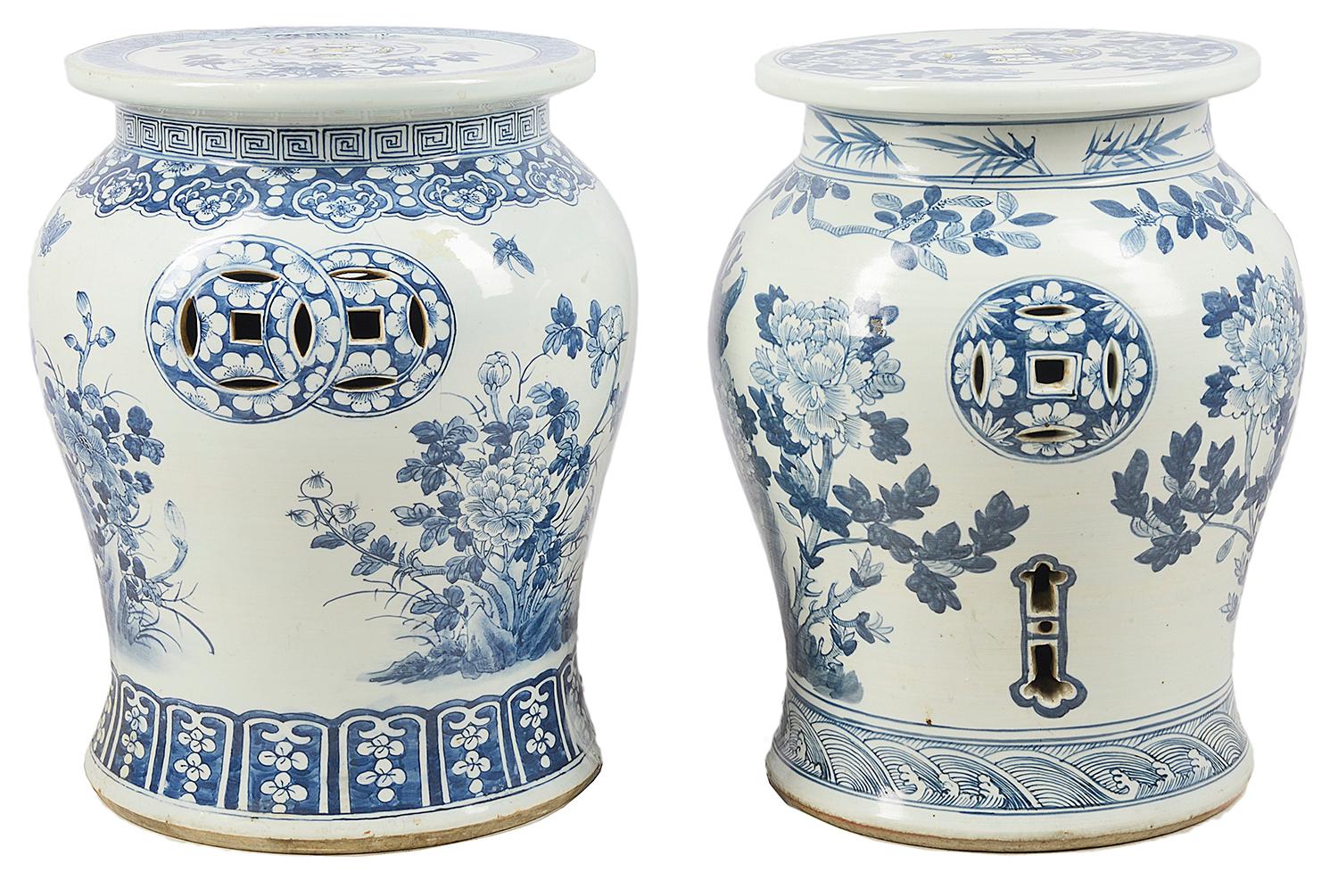 Chinese Export Near Pair of Early 20th Century Chinese Blue and White Porcelain Garden Seats