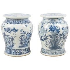 Near Pair of Early 20th Century Chinese Blue and White Porcelain Garden Seats