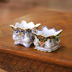 Near Pair of Early 20th Century French Rouen Faience Cachepots or Nuts Bowls