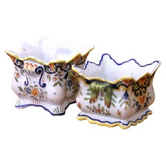 Near Pair of Early 20th Century French Rouen Faience Cachepots or Nuts Bowls