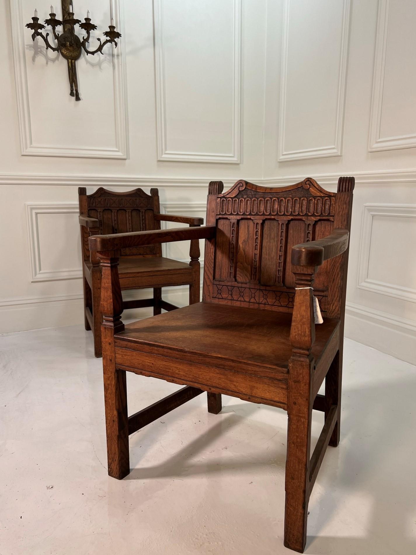 Near Pair of Early 20th Century Oak Hall Chairs For Sale 1