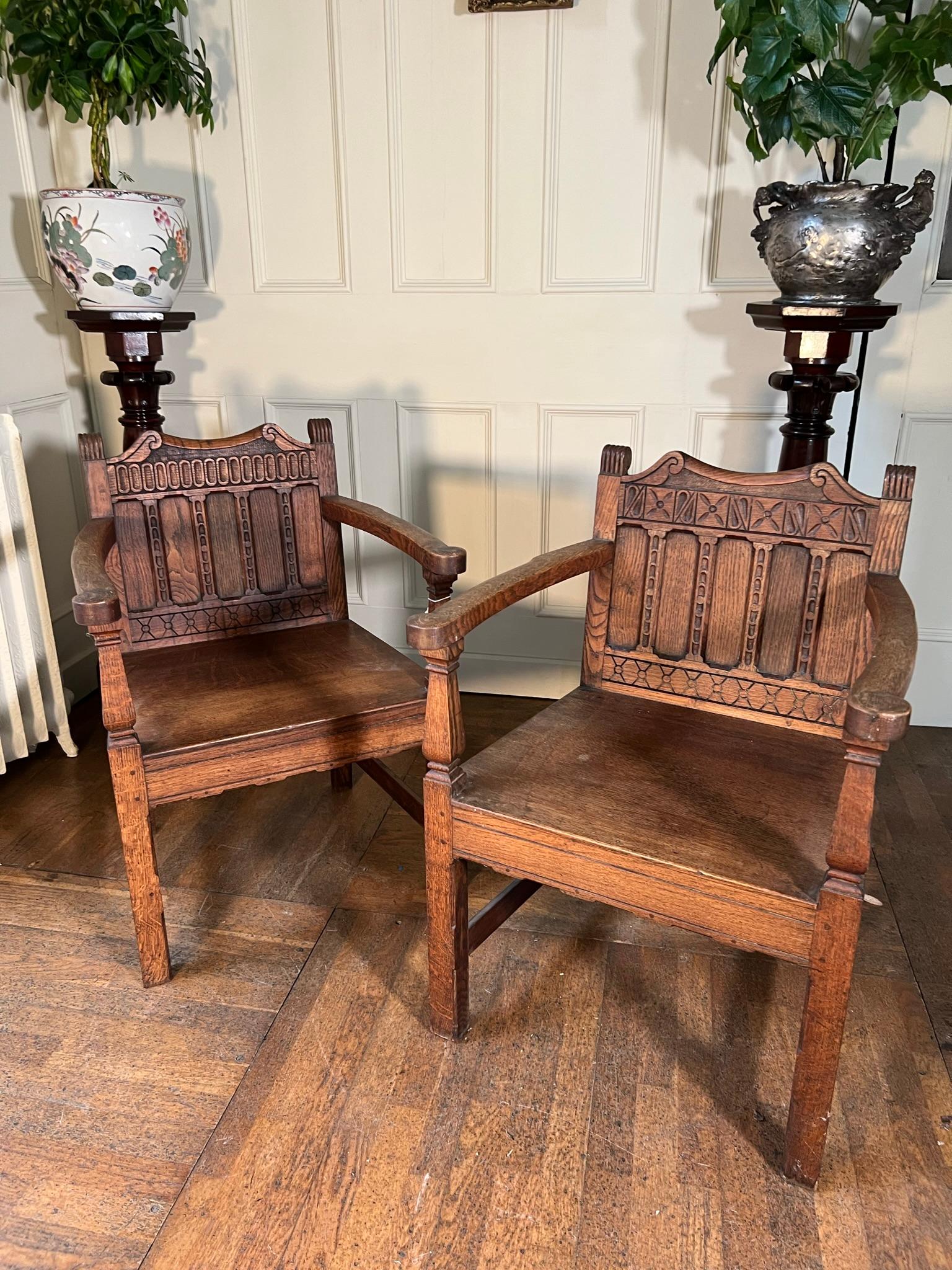 Near Pair of Early 20th Century Oak Hall Chairs For Sale 5