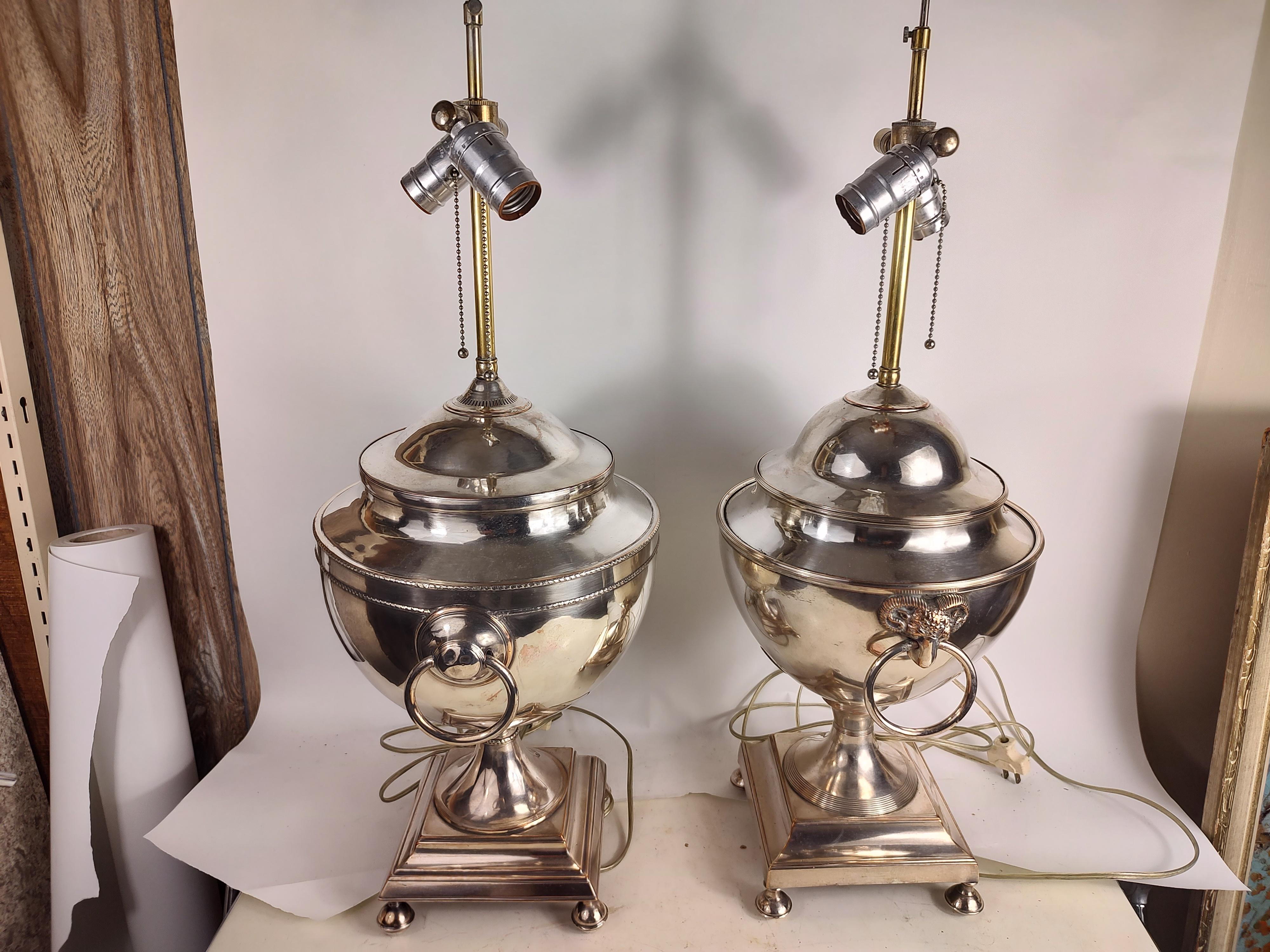 Near Pair of English Regency Style Silver Plated Urn Table Lamps 9