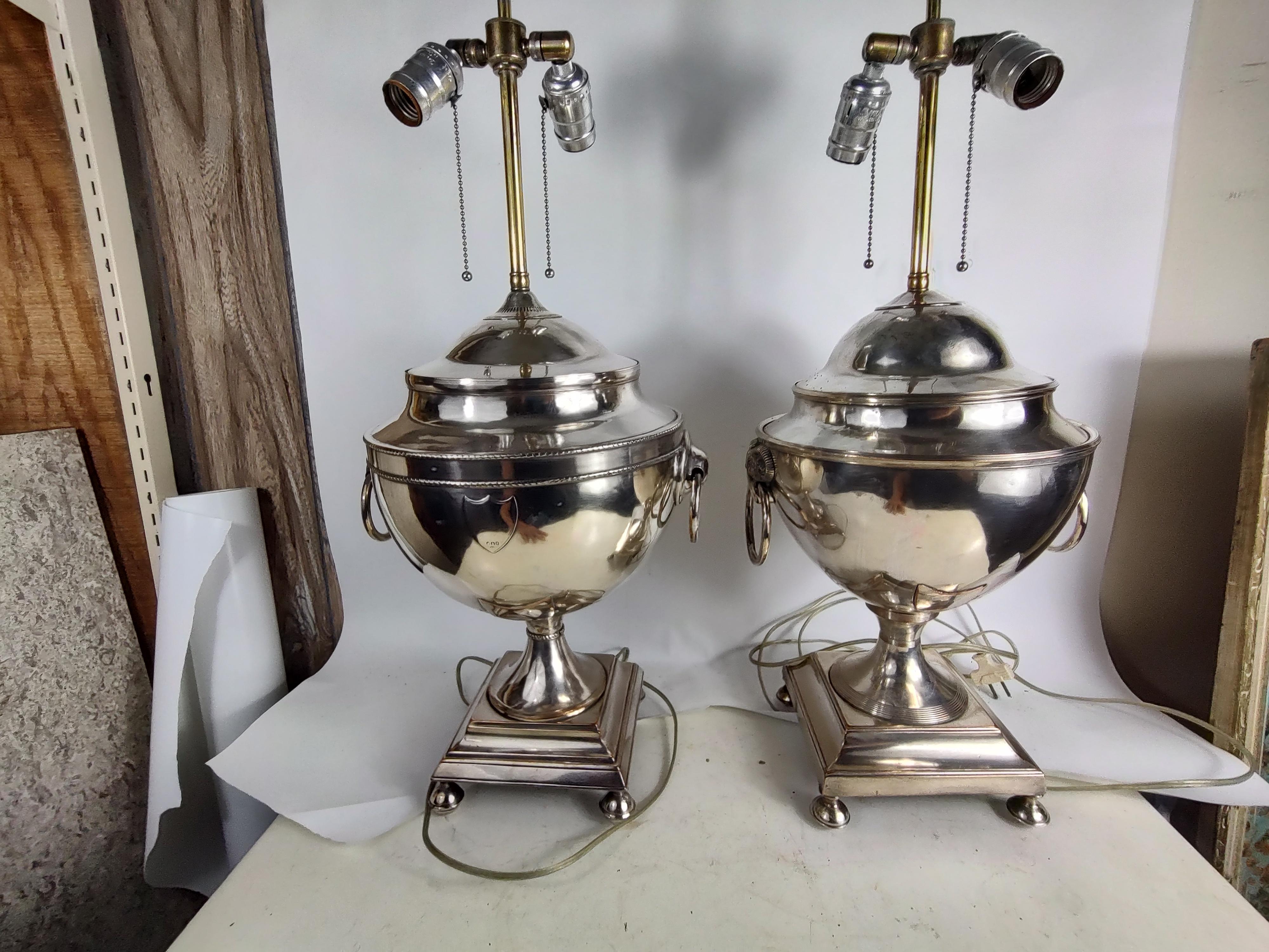 Near Pair of English Regency Style Silver Plated Urn Table Lamps 1