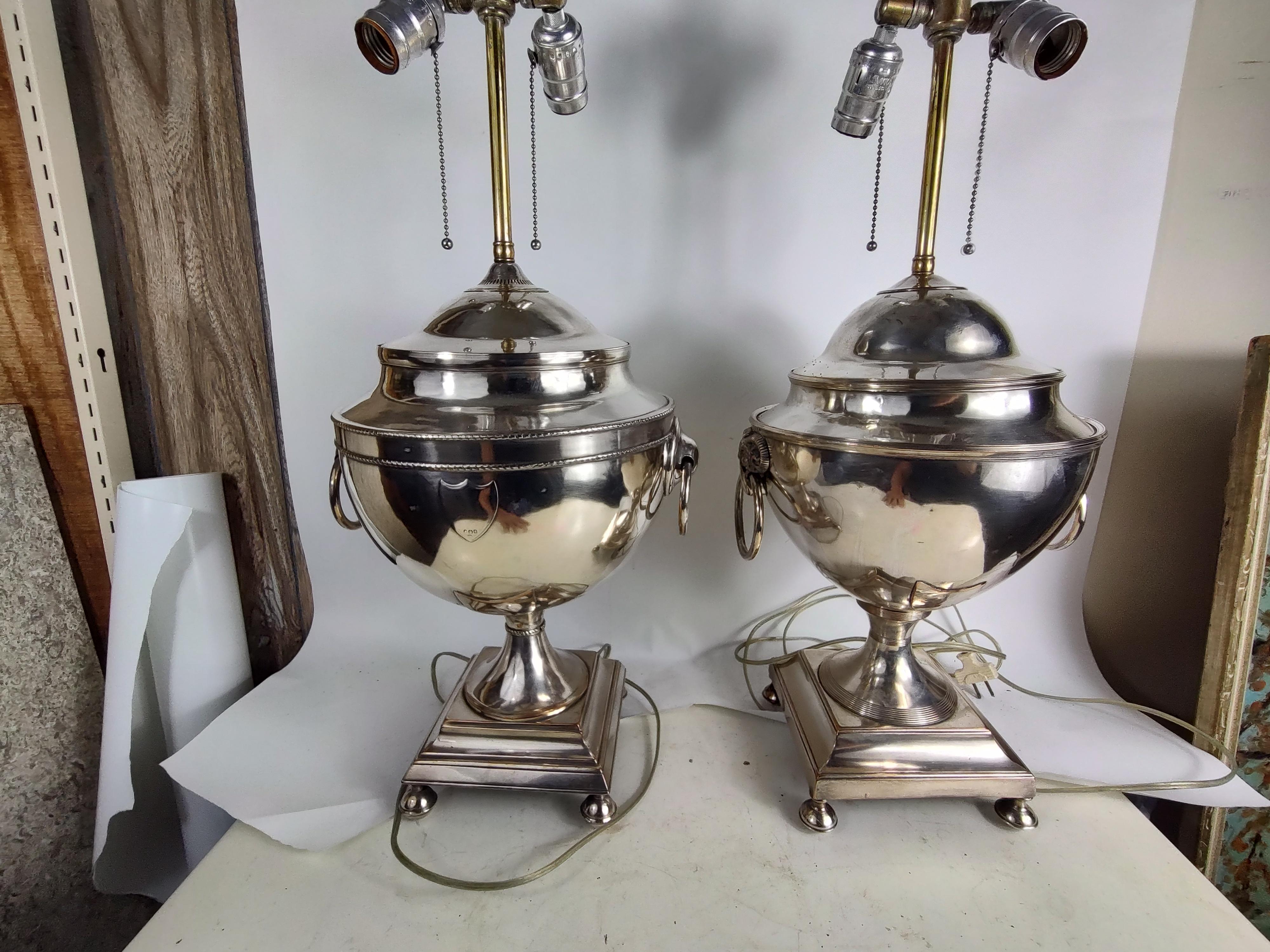 Near Pair of English Regency Style Silver Plated Urn Table Lamps 2