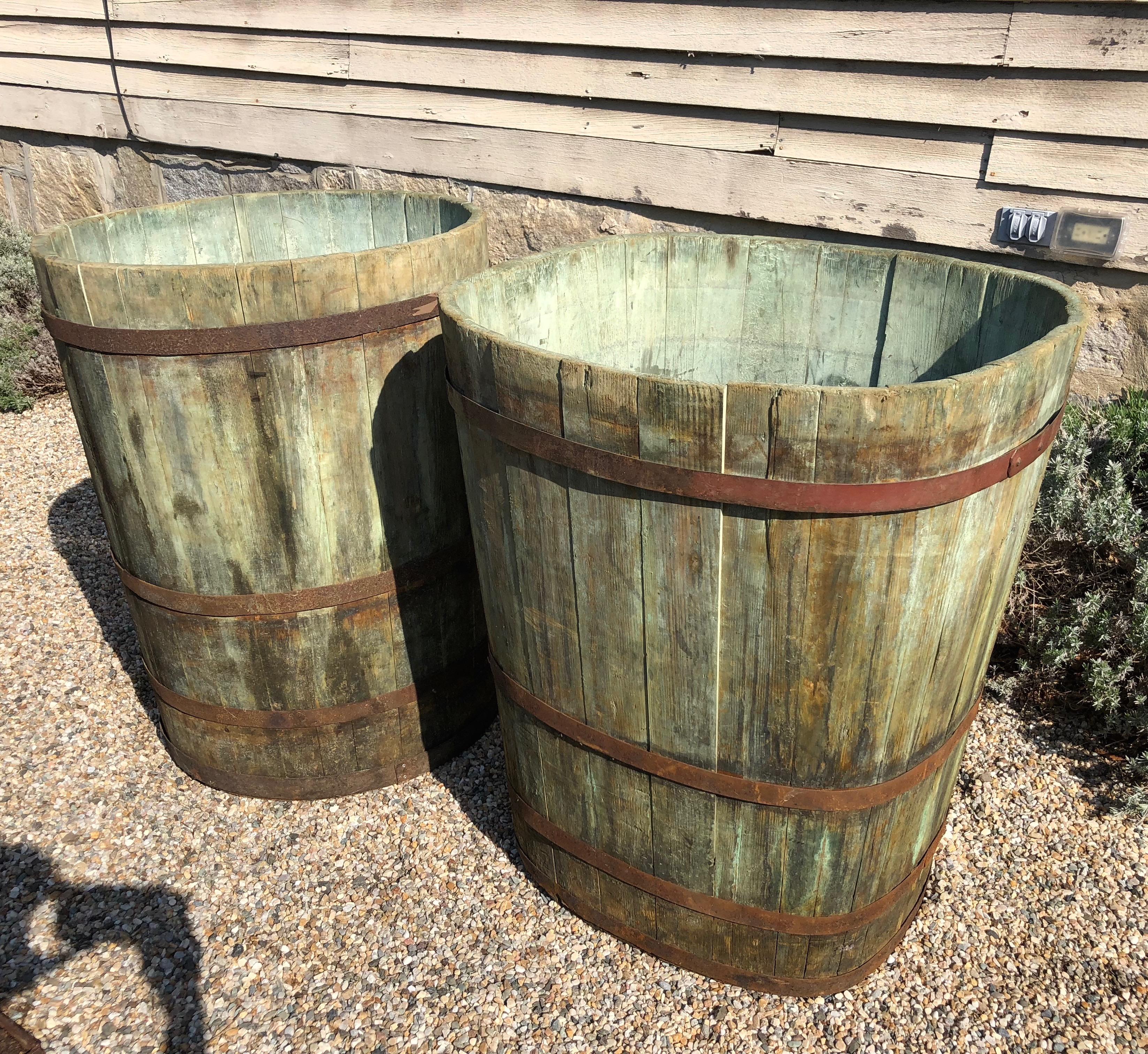 Who could resist the stunning green color of these master grape collection tubs from Alsace? Certainly not us, although they are not a true pair. One is round and the other a squared oval, but they do work quite well together, especially if used to