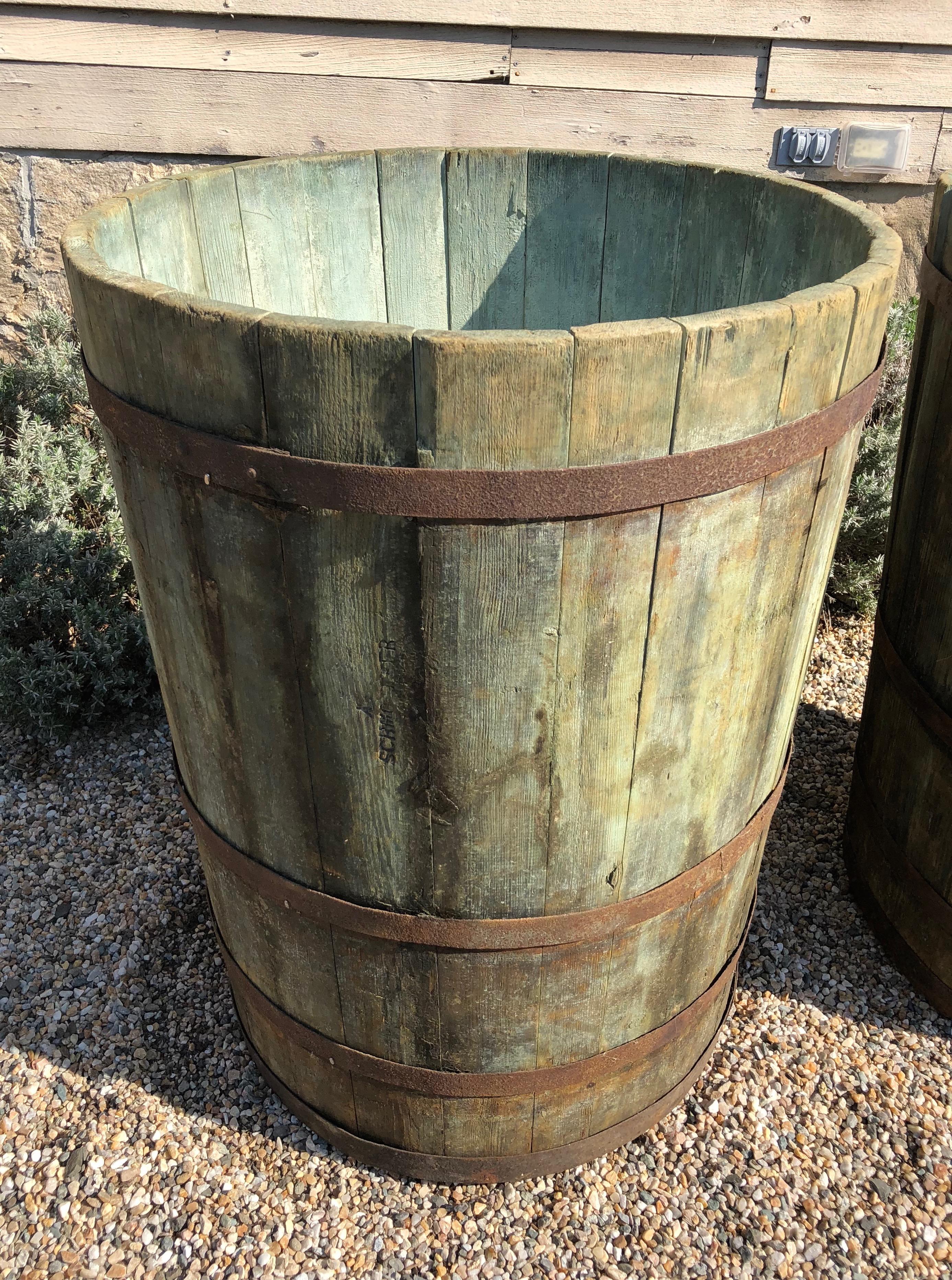 Hand-Crafted Near Pair of Enormous Alsatian Master Grape Buckets in Green Wash