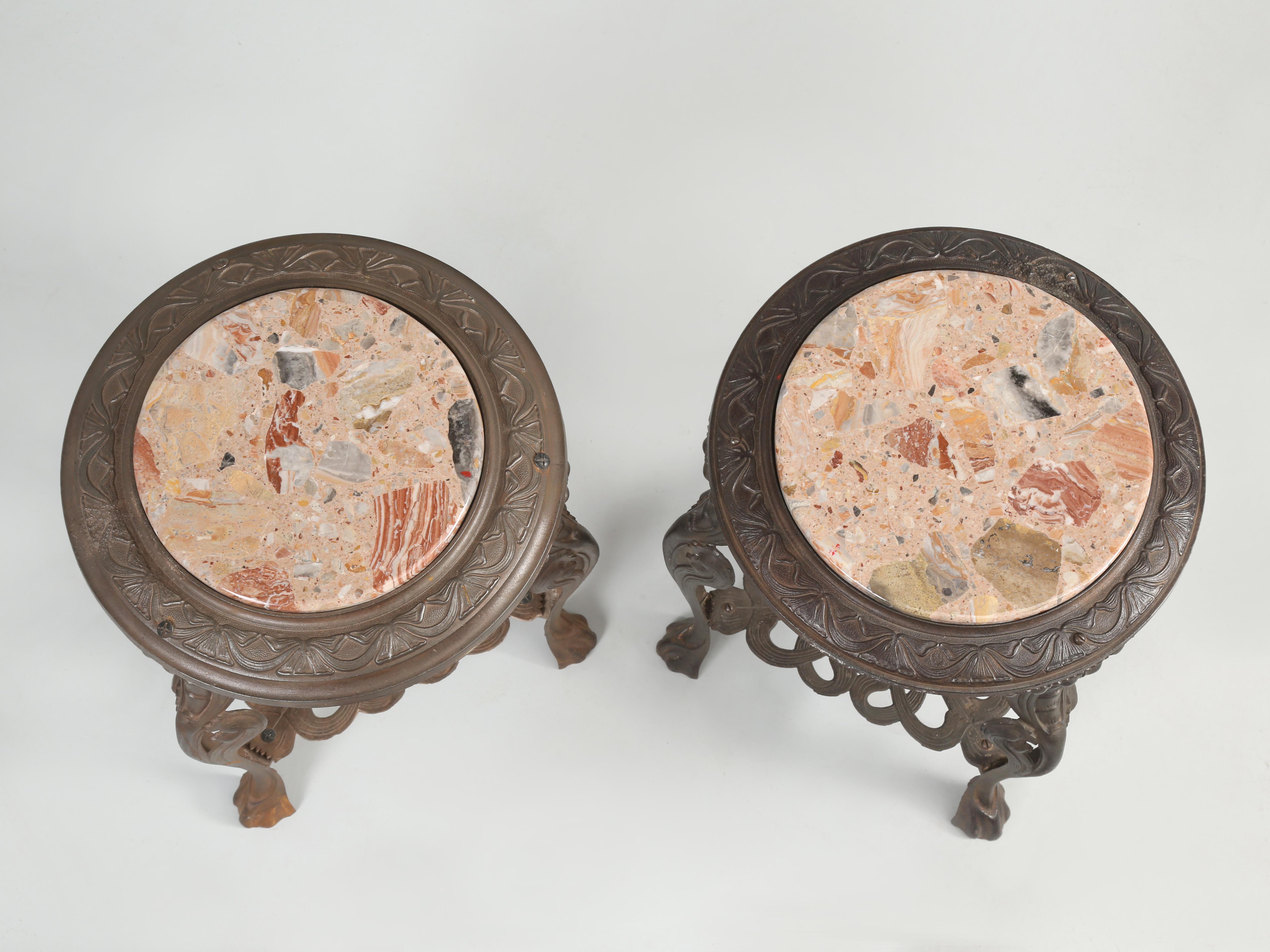 Hand-Crafted Near Pair of French Art Nouveau Guéridon Cast Iron Tables with Stone Tops For Sale
