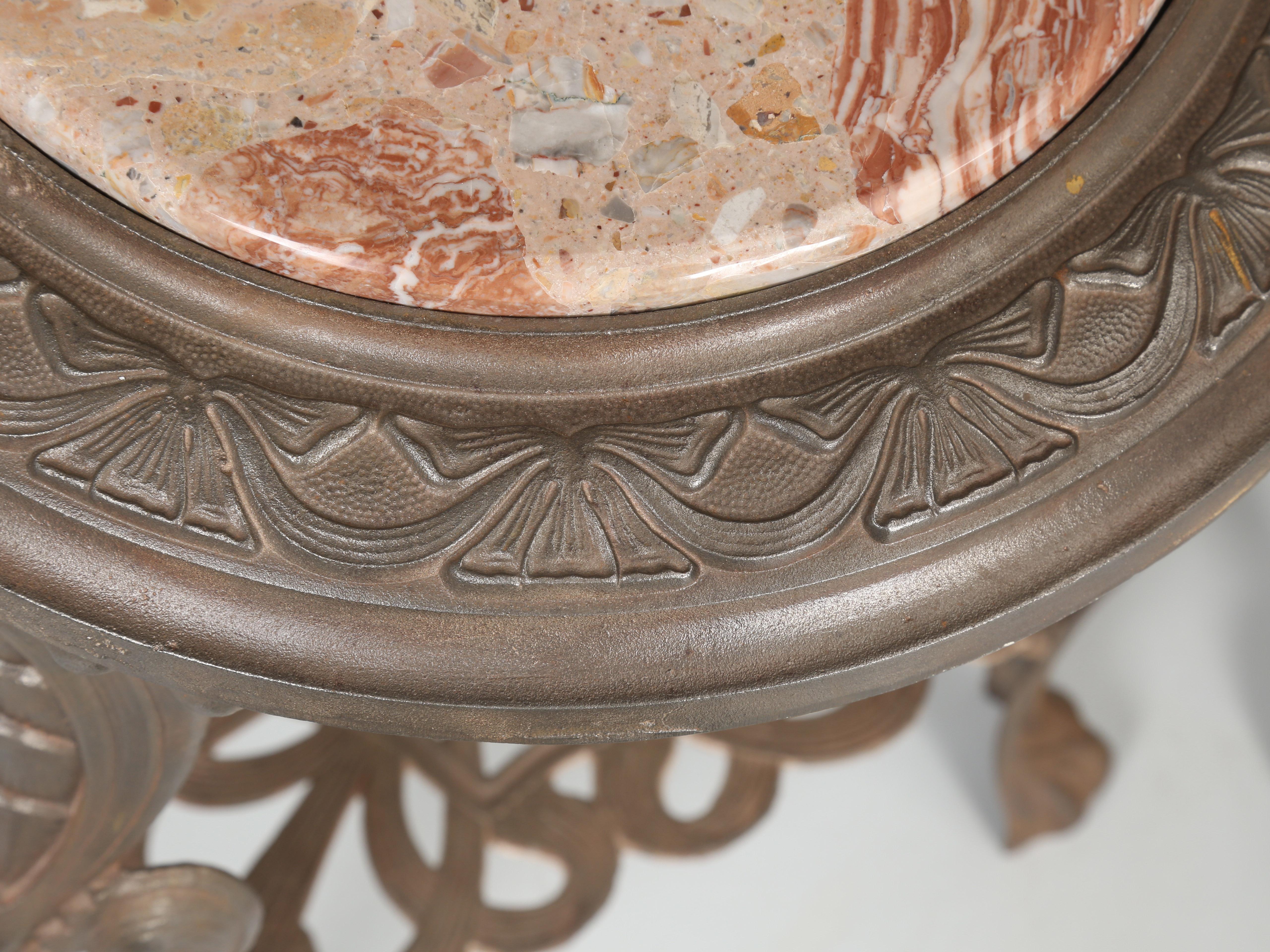Marble Near Pair of French Art Nouveau Guéridon Cast Iron Tables with Stone Tops For Sale