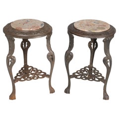 Near Pair of French Art Nouveau Guéridon Cast Iron Tables with Stone Tops