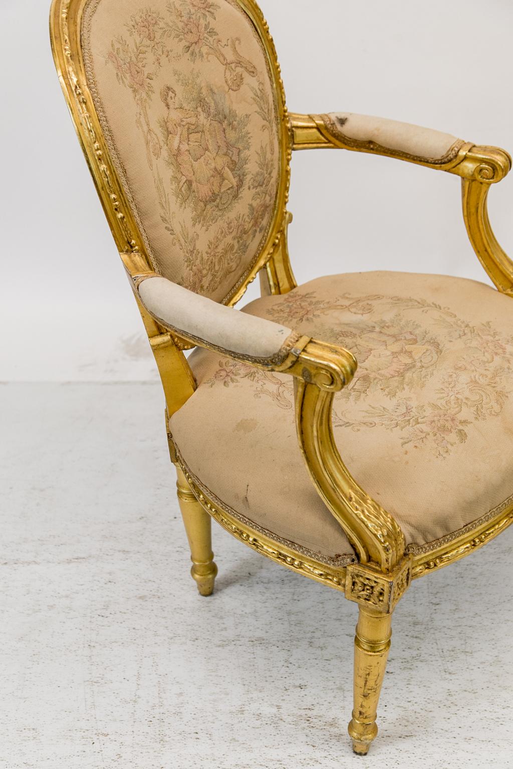 Near Pair of French Gilt Armchairs For Sale 4