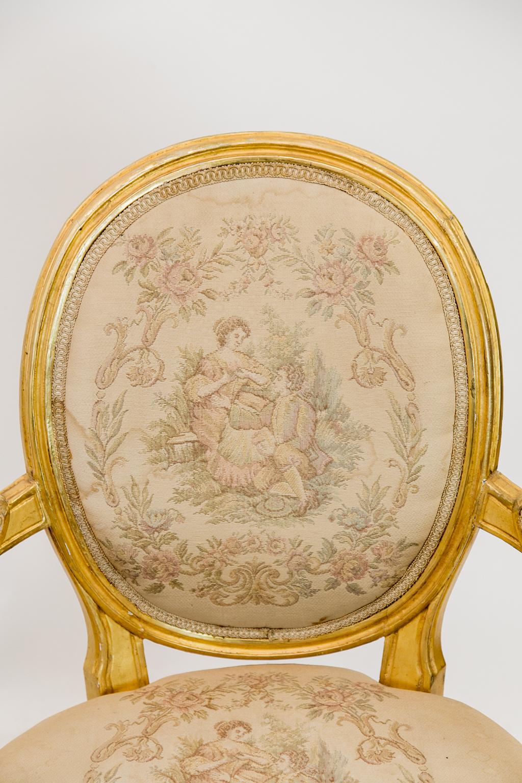 Wood Near Pair of French Gilt Armchairs For Sale