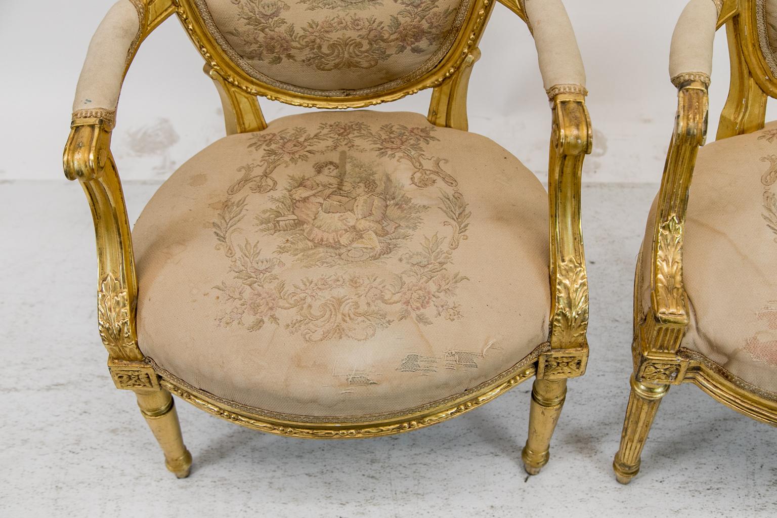 Near Pair of French Gilt Armchairs For Sale 1