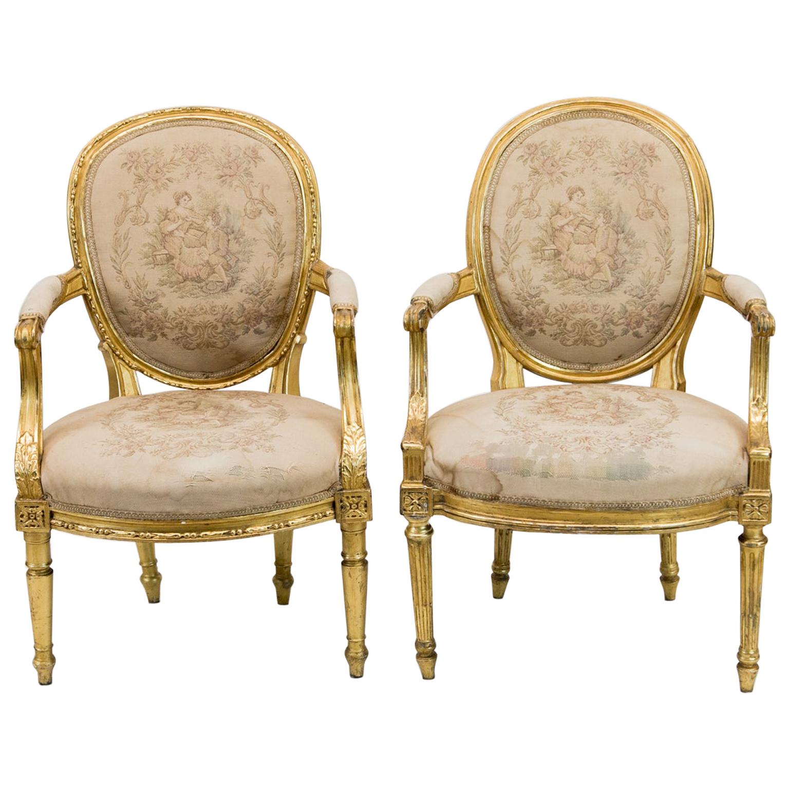 Near Pair of French Gilt Armchairs For Sale