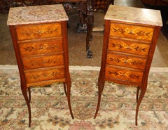 Near Pair of French Louis XV Style Inlaid Marble Top Lingerie Chest Nightstands
