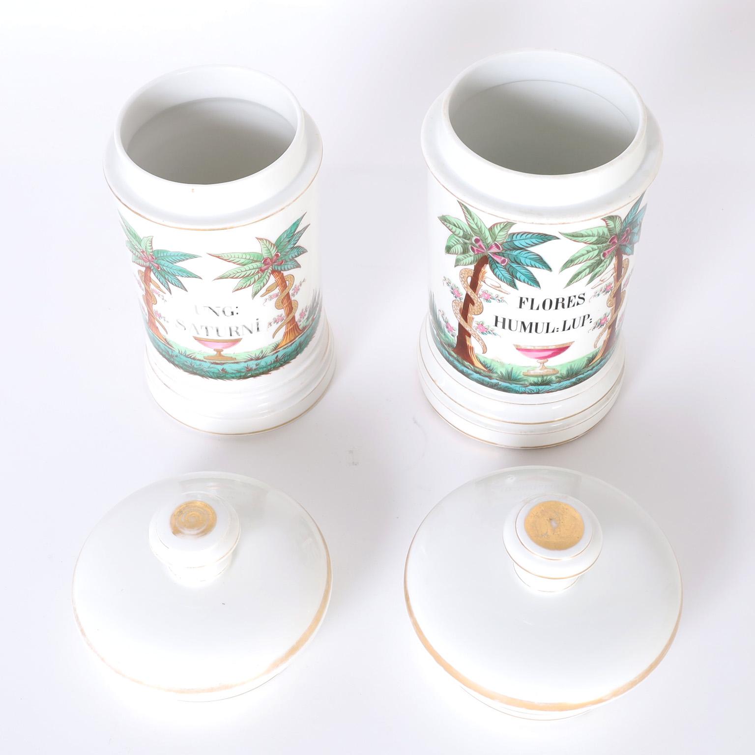 Victorian Near Pair of French Porcelain Apothecary Lidded Jars For Sale