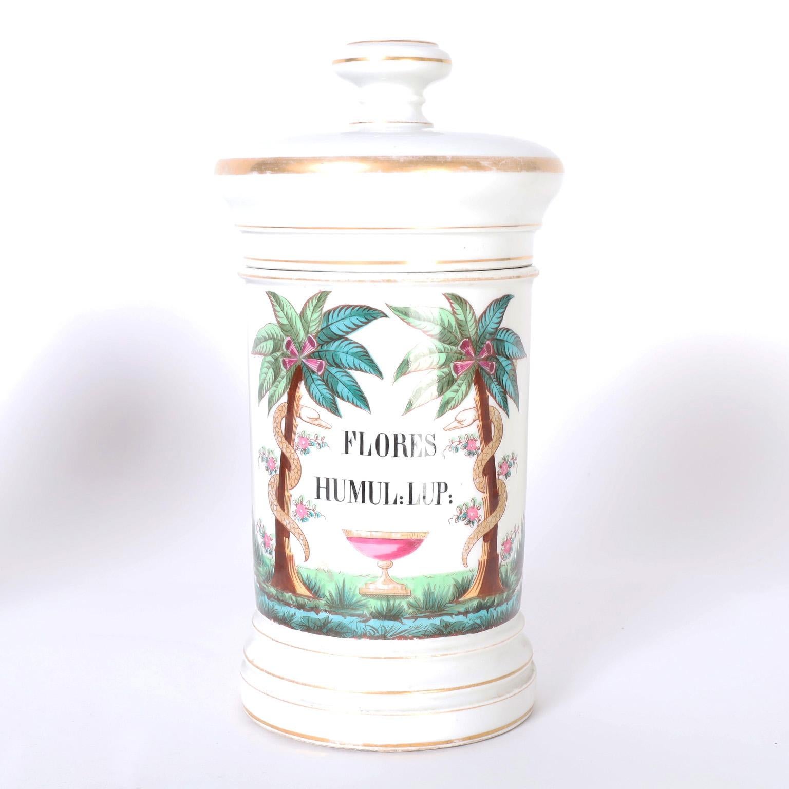 20th Century Near Pair of French Porcelain Apothecary Lidded Jars For Sale