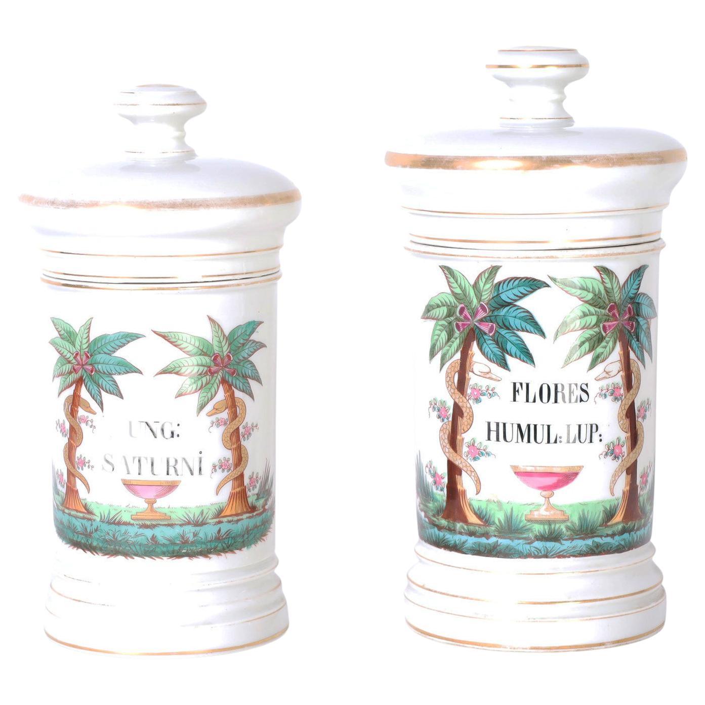 Near Pair of French Porcelain Apothecary Lidded Jars