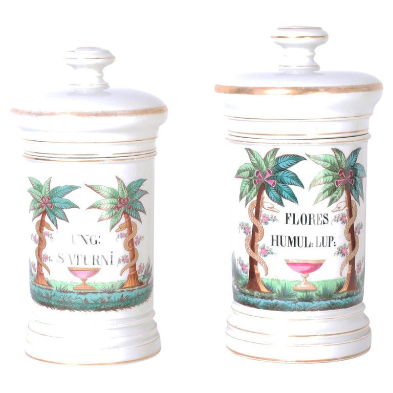 Near Pair of French Porcelain Apothecary Lidded Jars For Sale