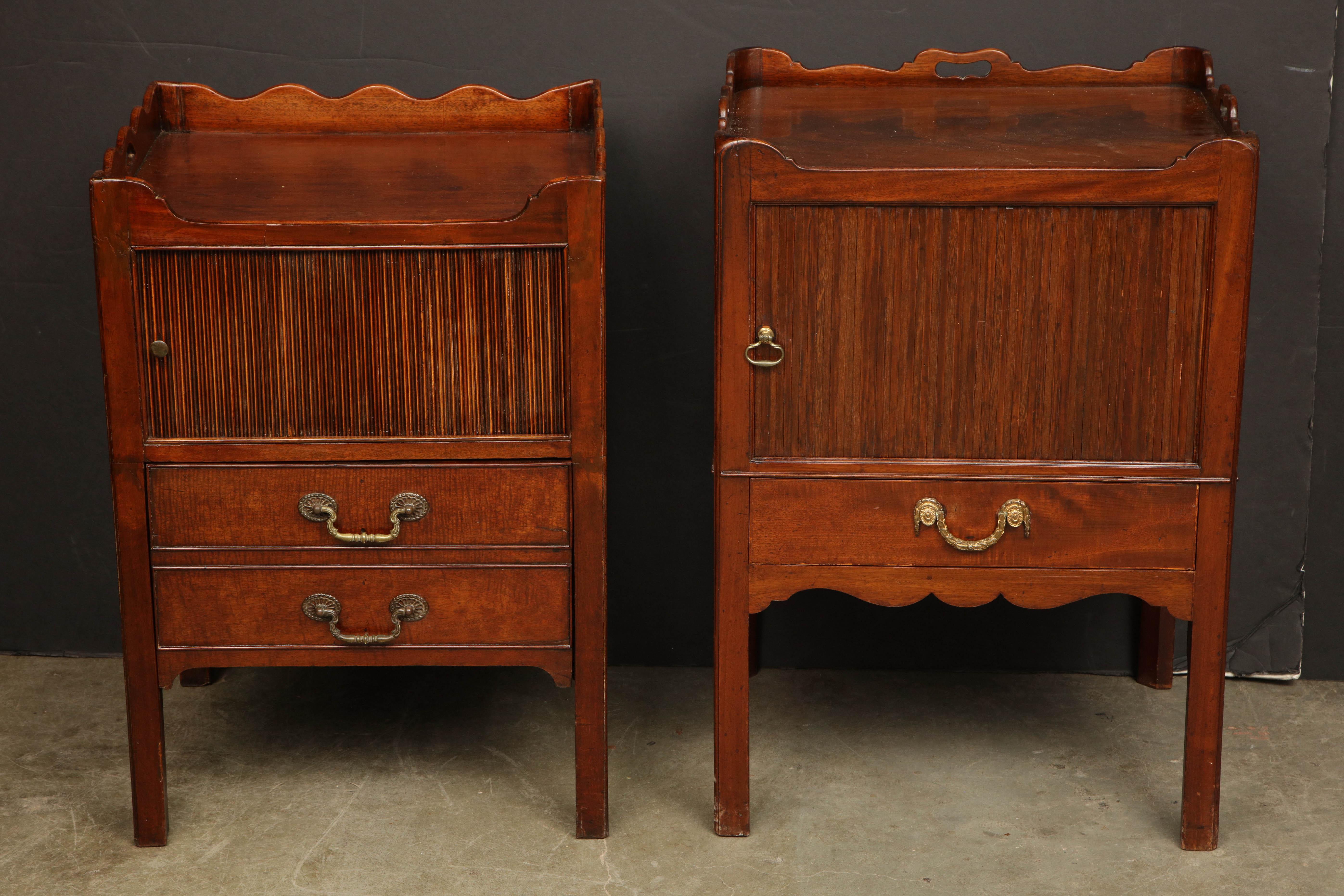 Near pair of English George III mahogany bedside commodes with open handles galleries and tambour cupboards.