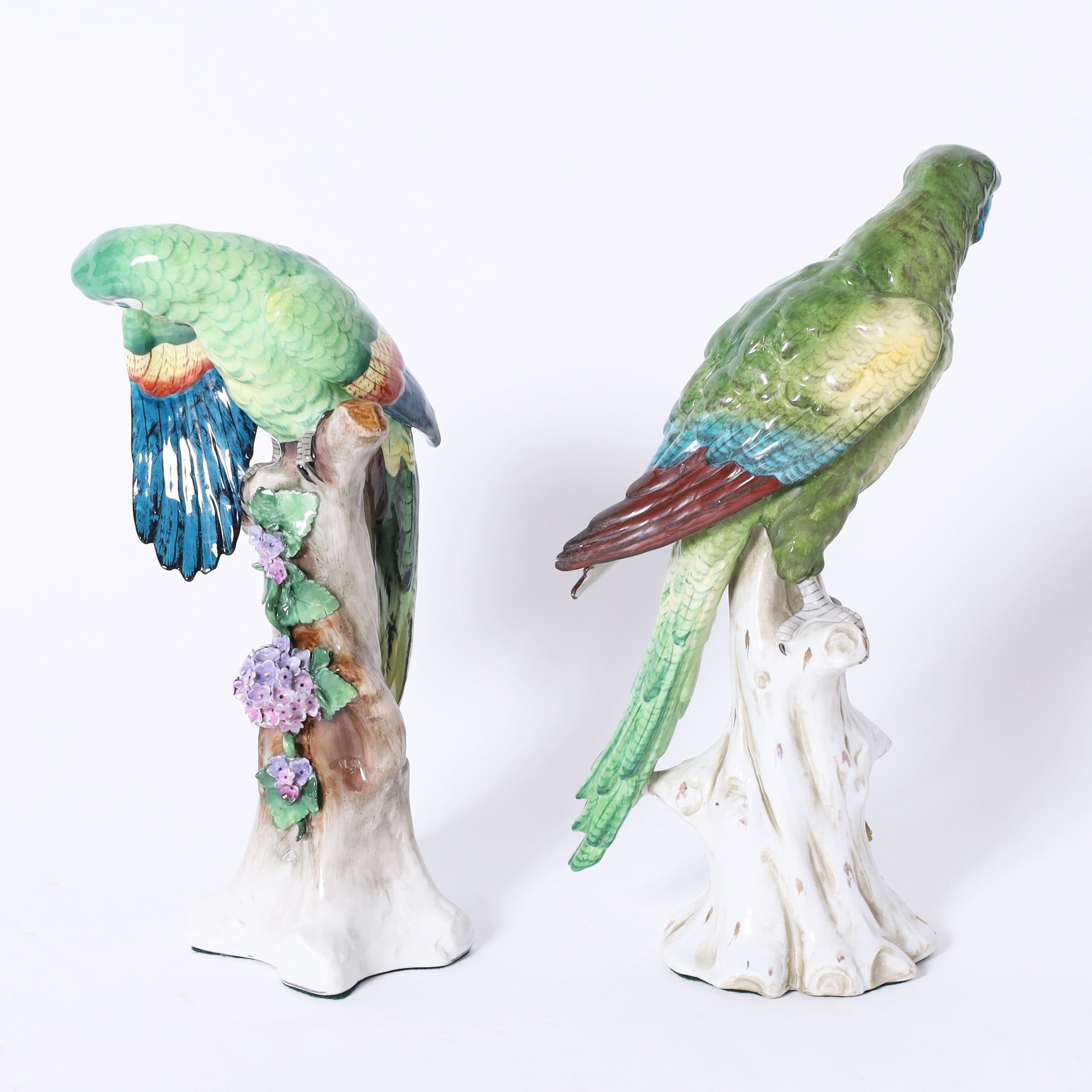 Mid-Century Modern Near Pair of German Porcelain Green Parrots