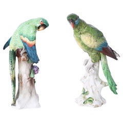 Near Pair of German Porcelain Green Parrots
