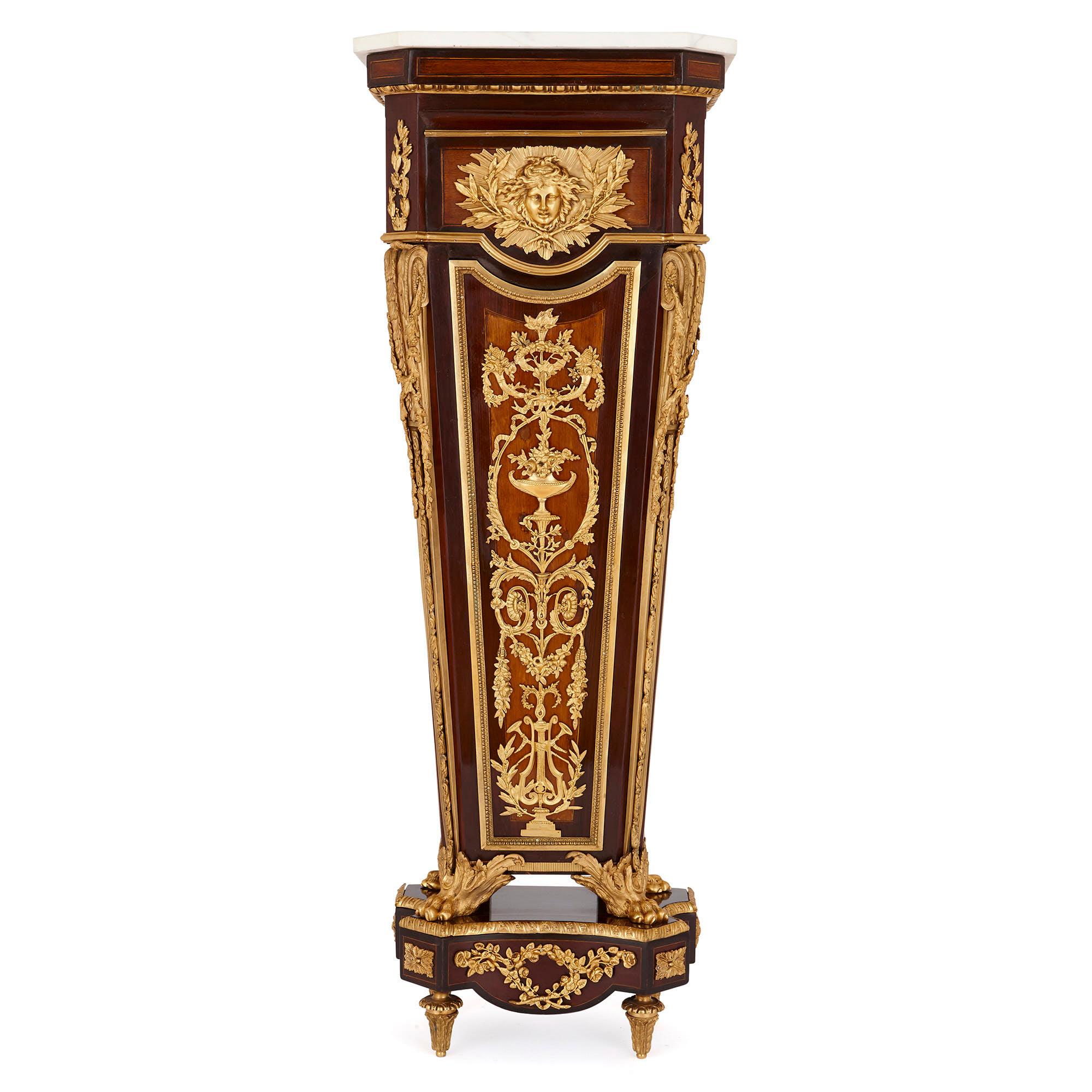 Louis XVI Near Pair of Gilt Bronze and Marble Mounted Mahogany Pedestals after Riesener For Sale