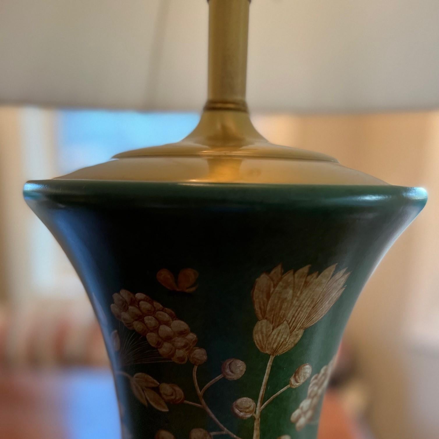Near Pair of Hand Painted Asian Style Table Lamps - Schumacher Furnishings In Good Condition For Sale In Morristown, NJ