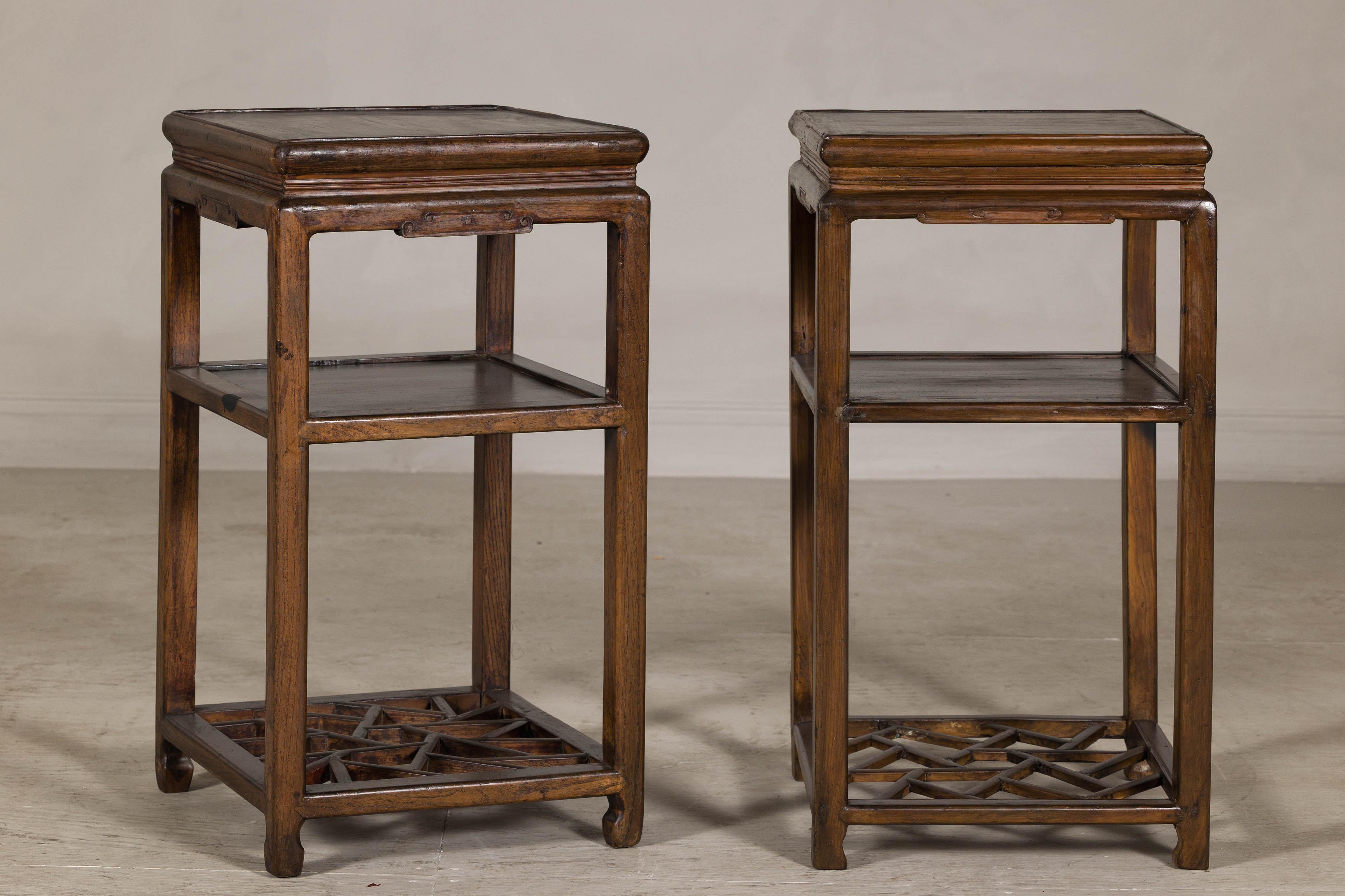 Near Pair of Hardwood End Tables with Fretwork Geometric Base, Vintage For Sale 4