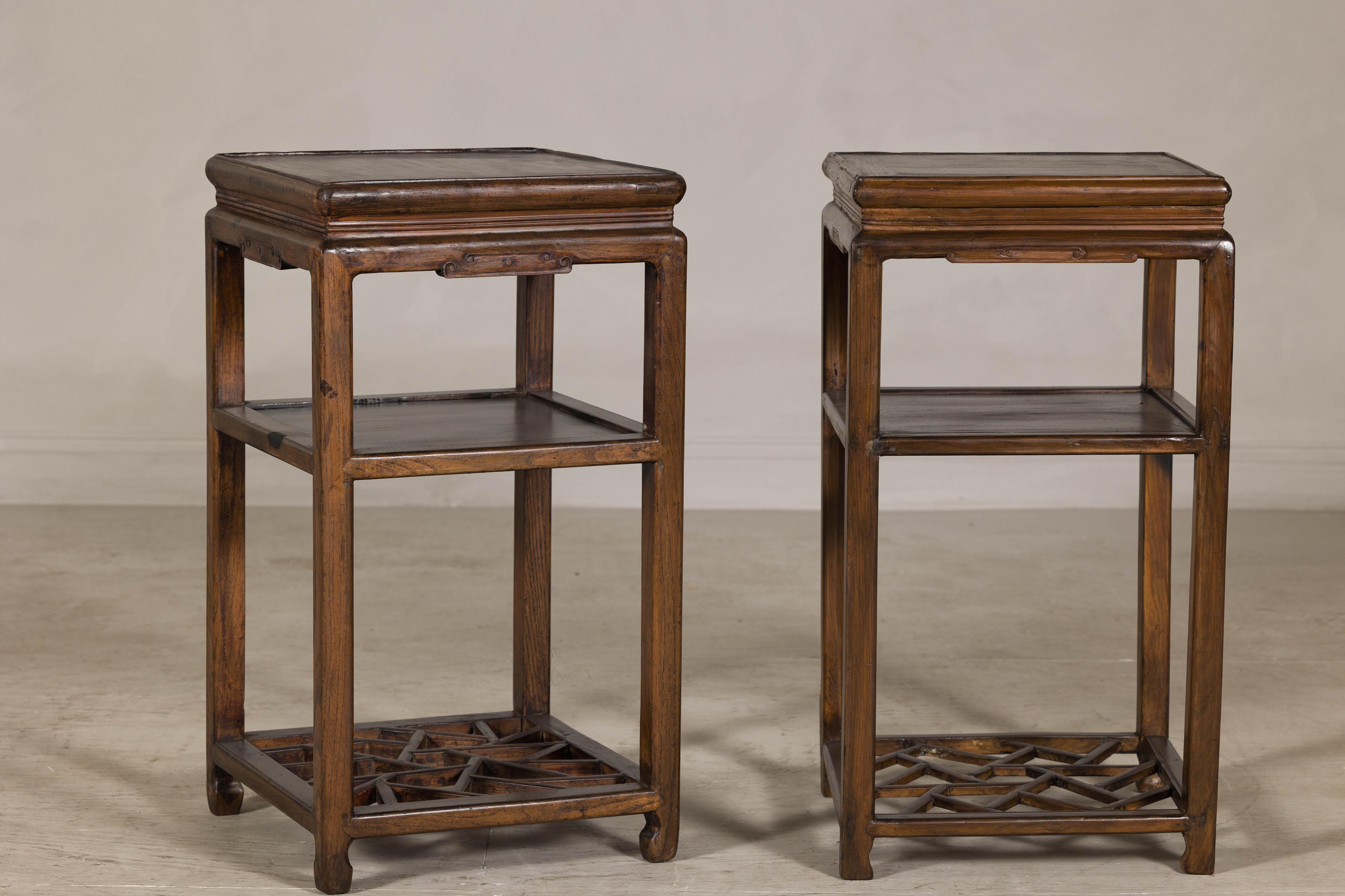Near Pair of Hardwood End Tables with Fretwork Geometric Base, Vintage For Sale 5
