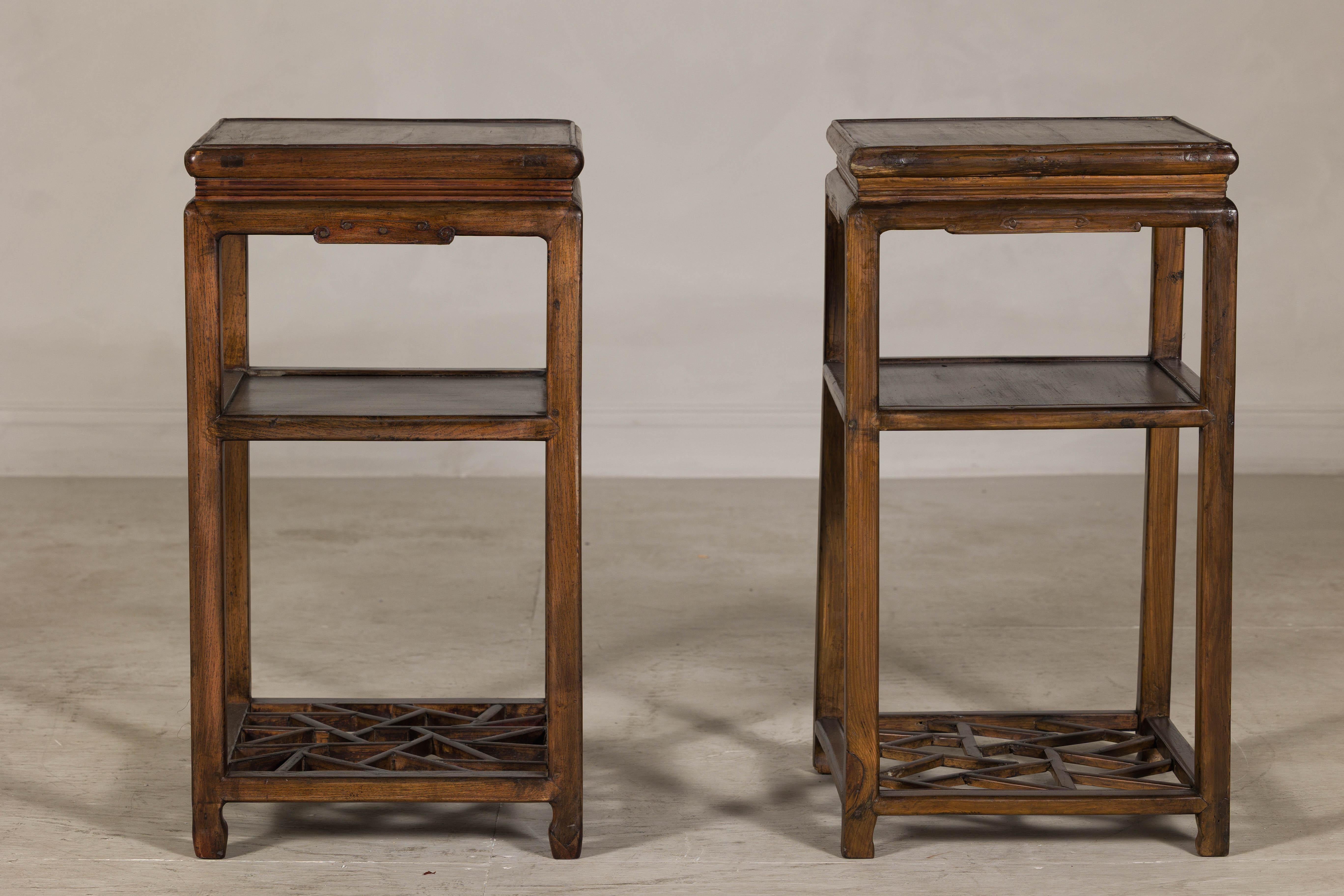 Near Pair of Hardwood End Tables with Fretwork Geometric Base, Vintage For Sale 7