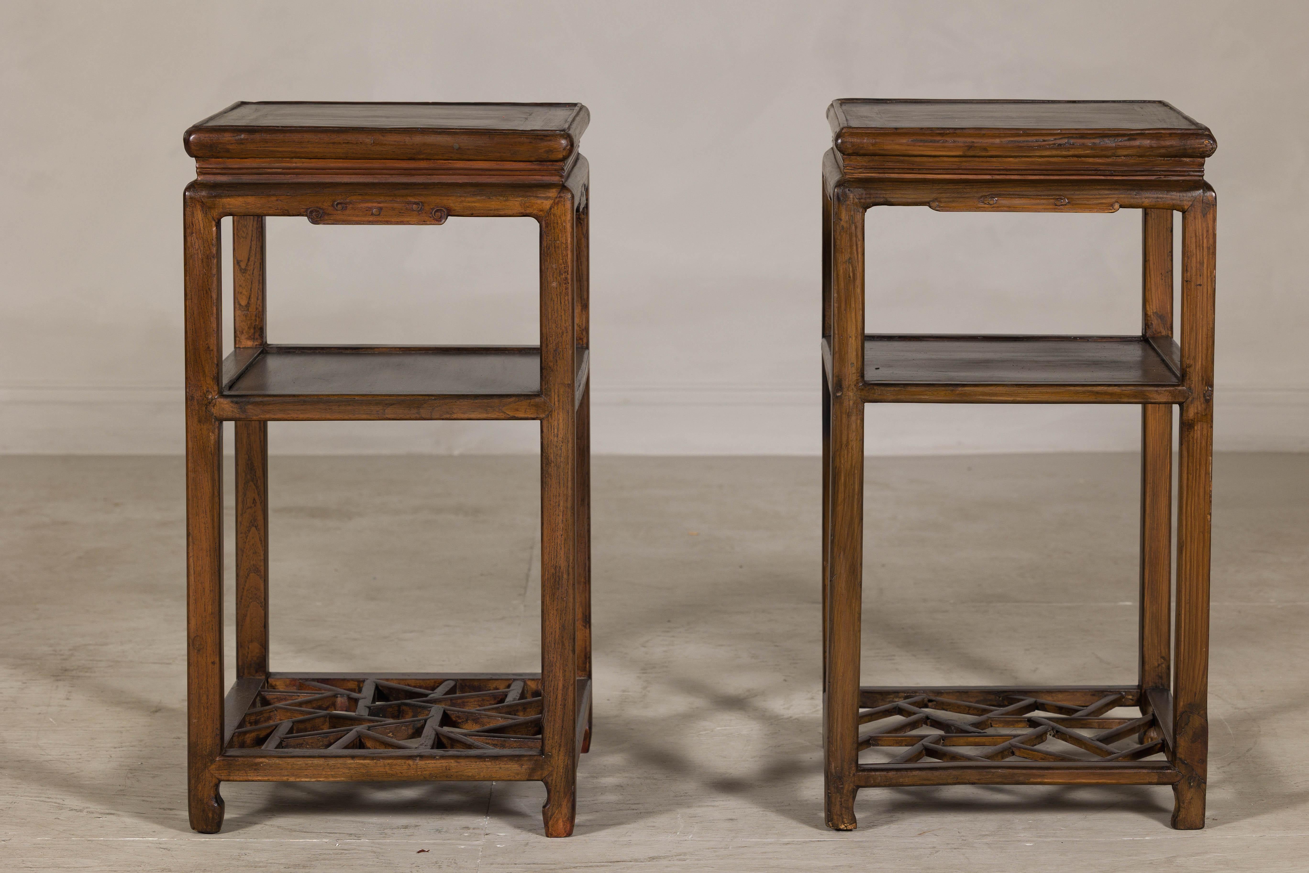 Near Pair of Hardwood End Tables with Fretwork Geometric Base, Vintage For Sale 8